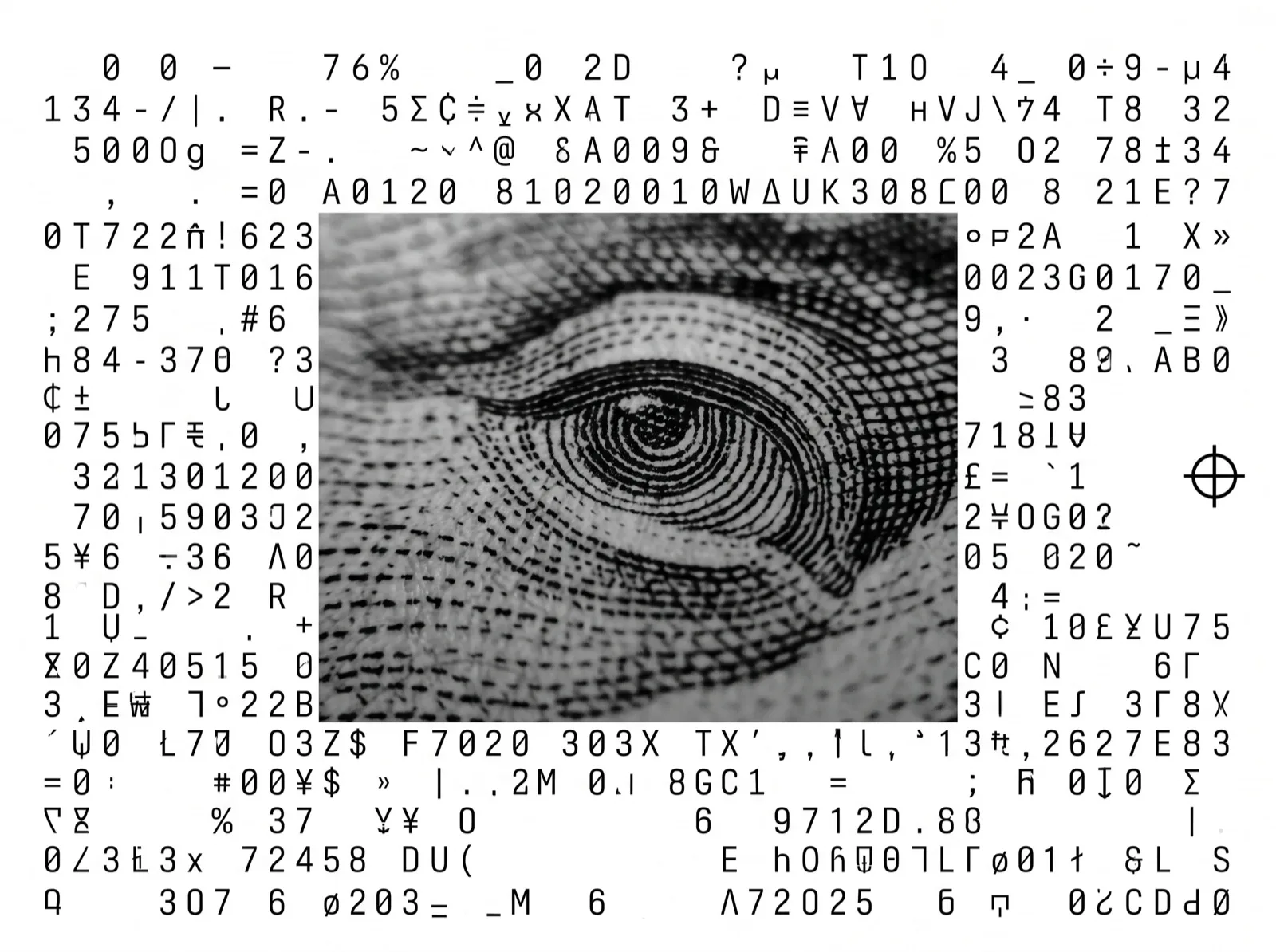 An engraved eye surrounded by machine notation and coded symbols.