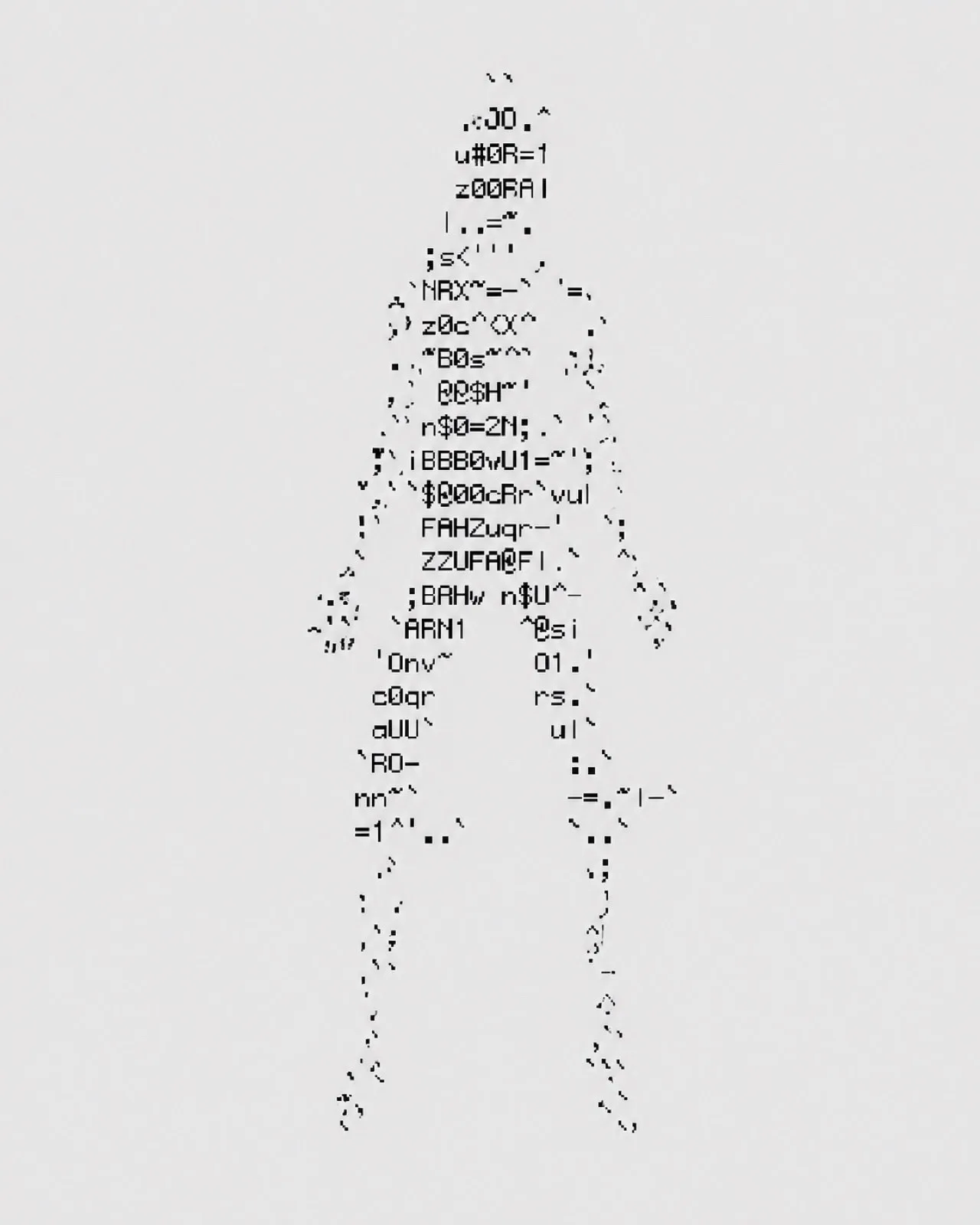 A human silhouette constructed from fragmented machine characters.