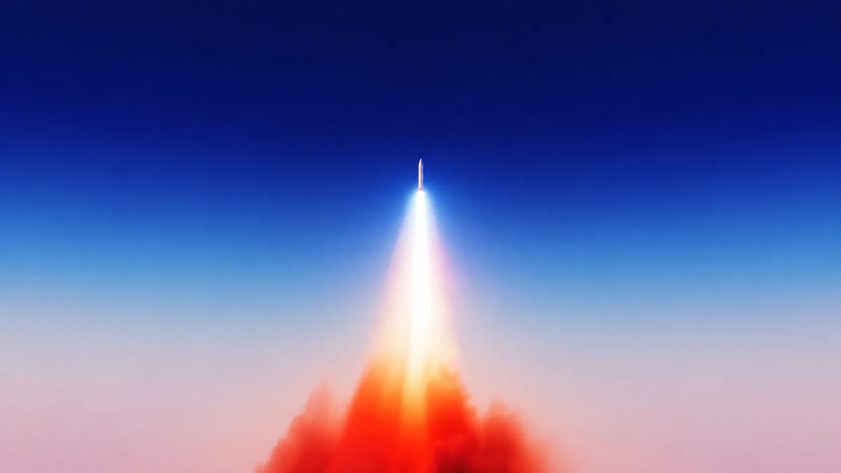A rocket rising through a luminous plume into a deep blue sky.