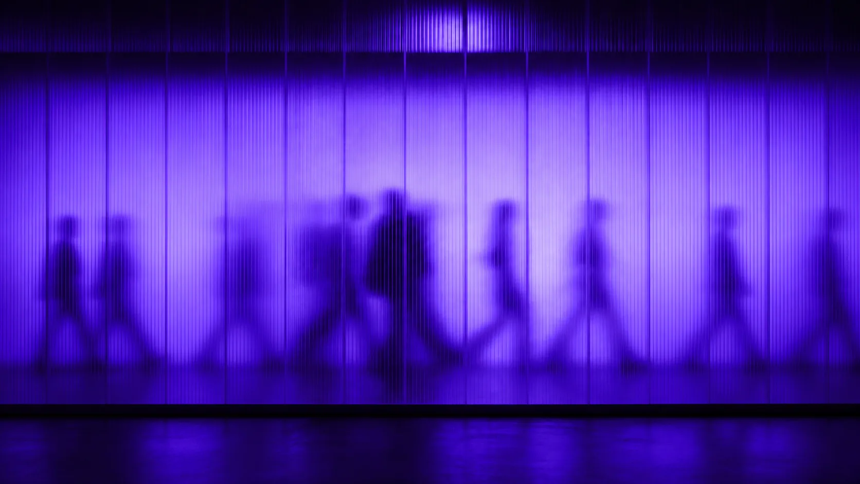 Human silhouettes moving behind a luminous violet architectural screen.