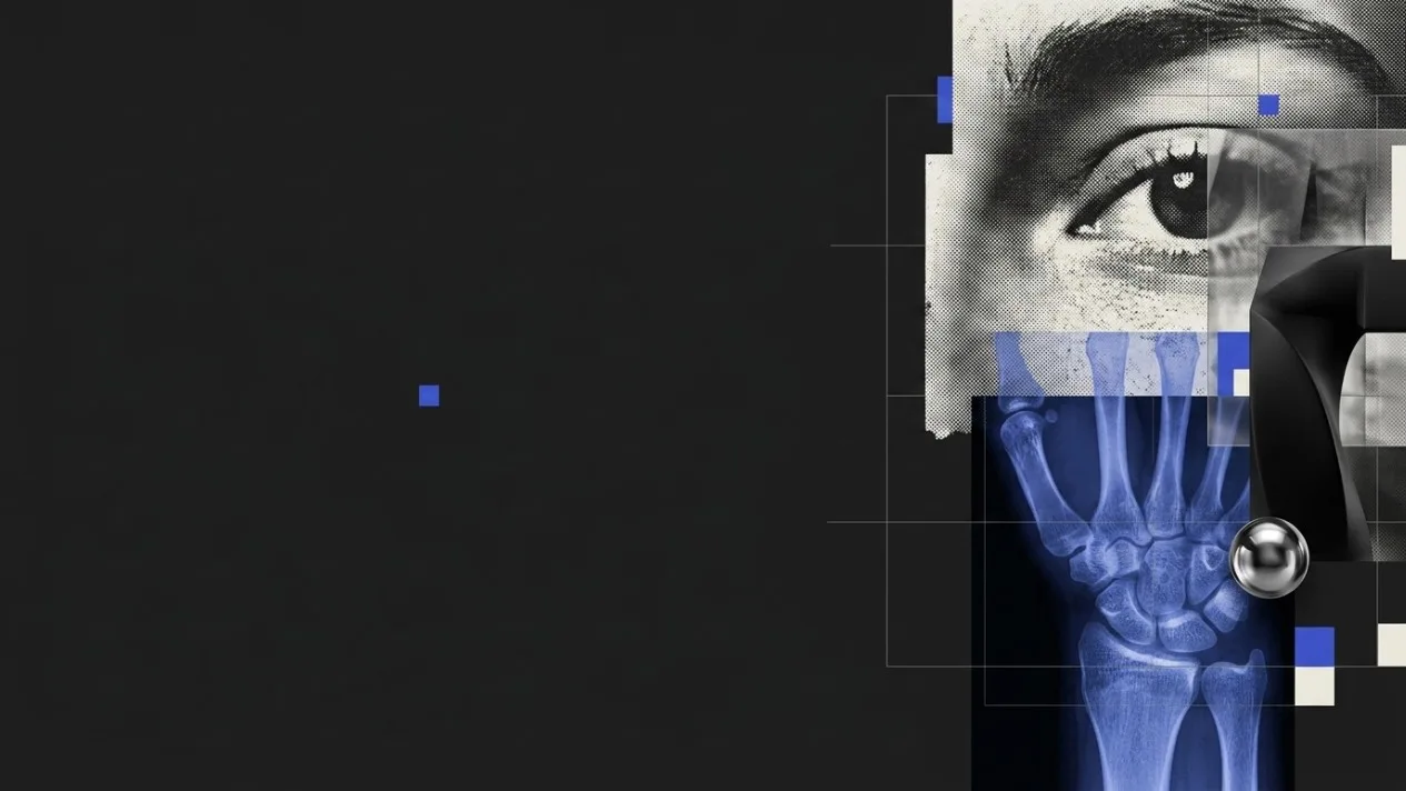 X-ray hand, halftone eye, and geometric interface fragments.