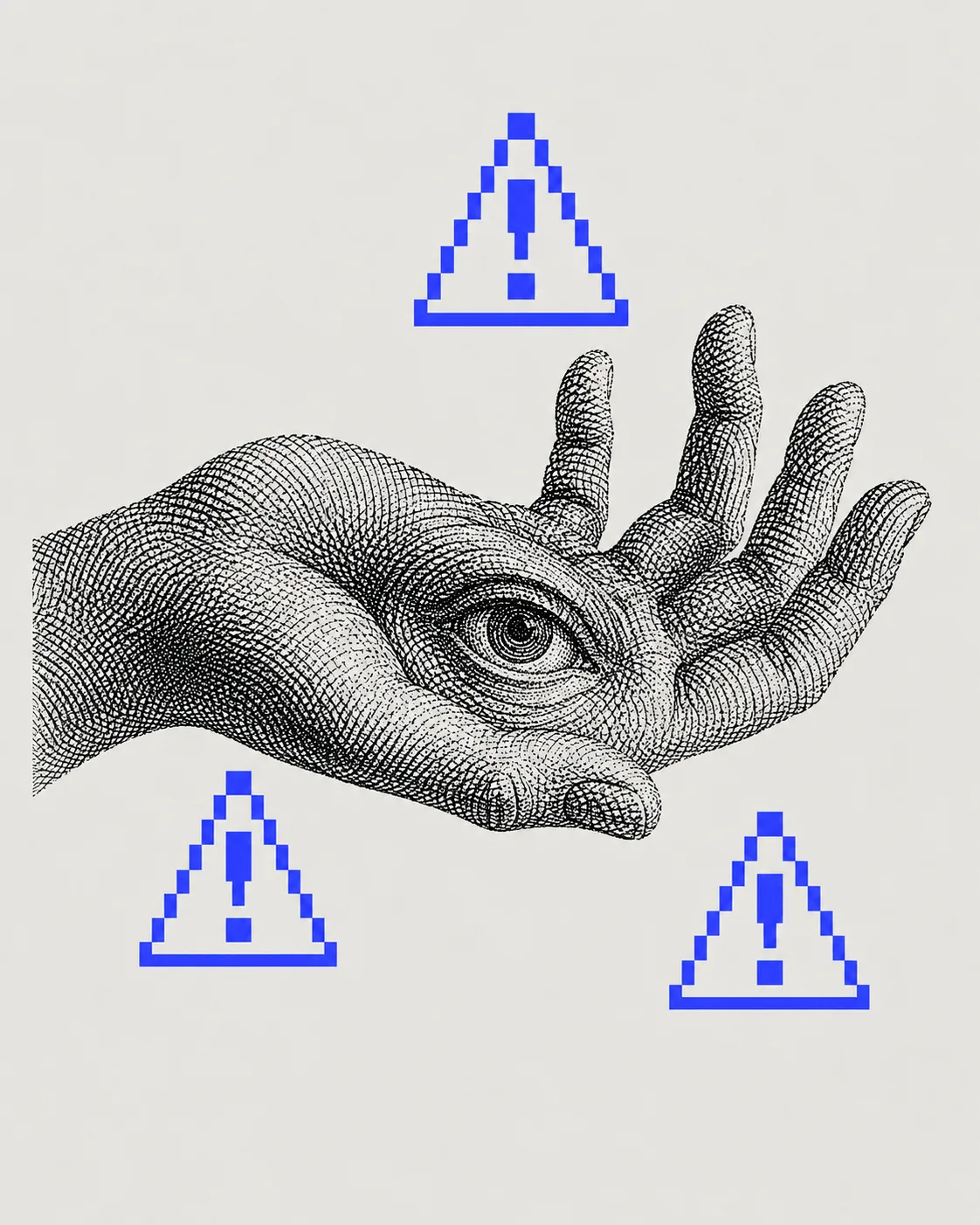 A stippled hand holding an eye with three blue warning symbols.