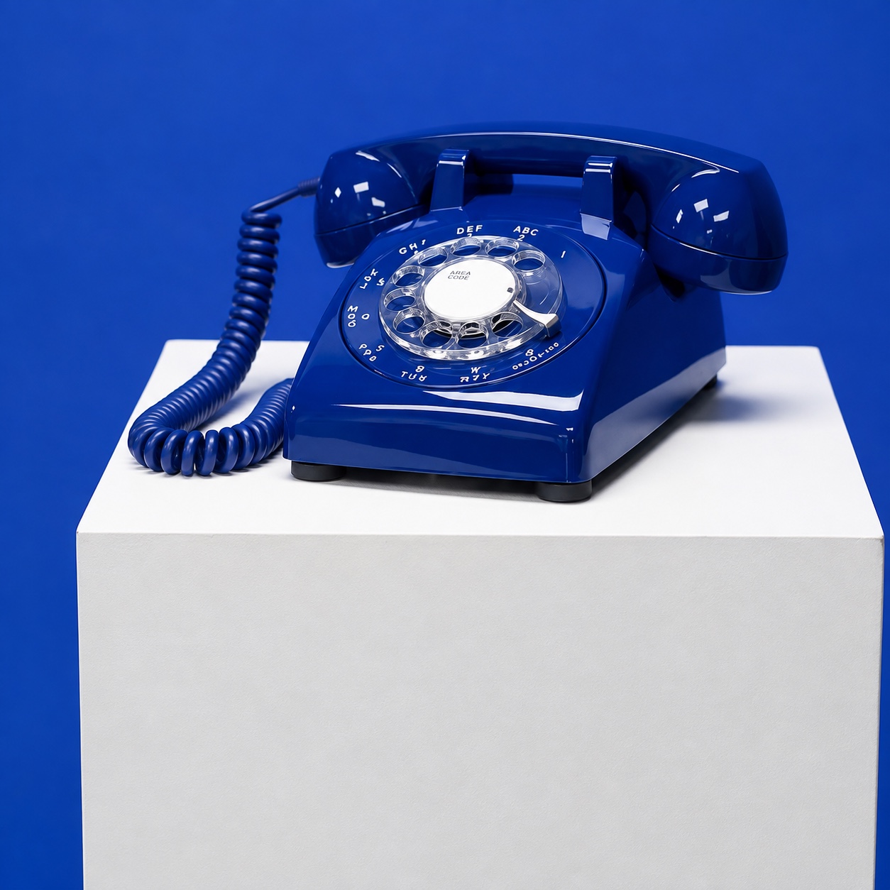 A blue rotary telephone displayed on a white plinth.
