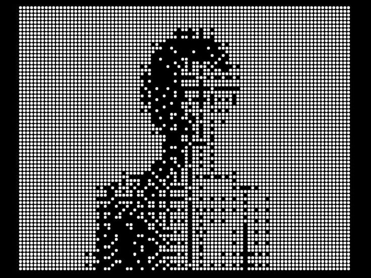 A white dot field resolving into a fragmented black figure and signal.